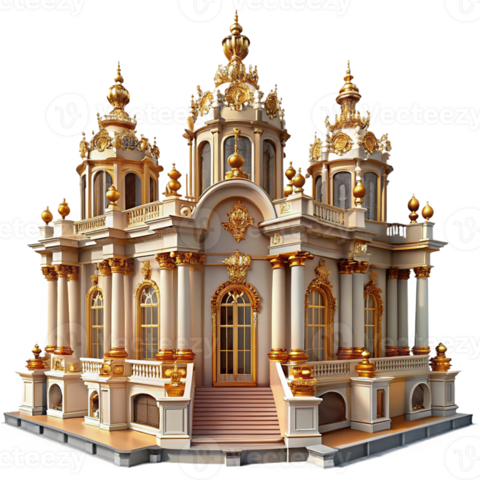 wonderful abstract Baroque palace, opulent and grand architecture, intricate carvings and decorations, golden accents, dramatic lighting, exclusive png