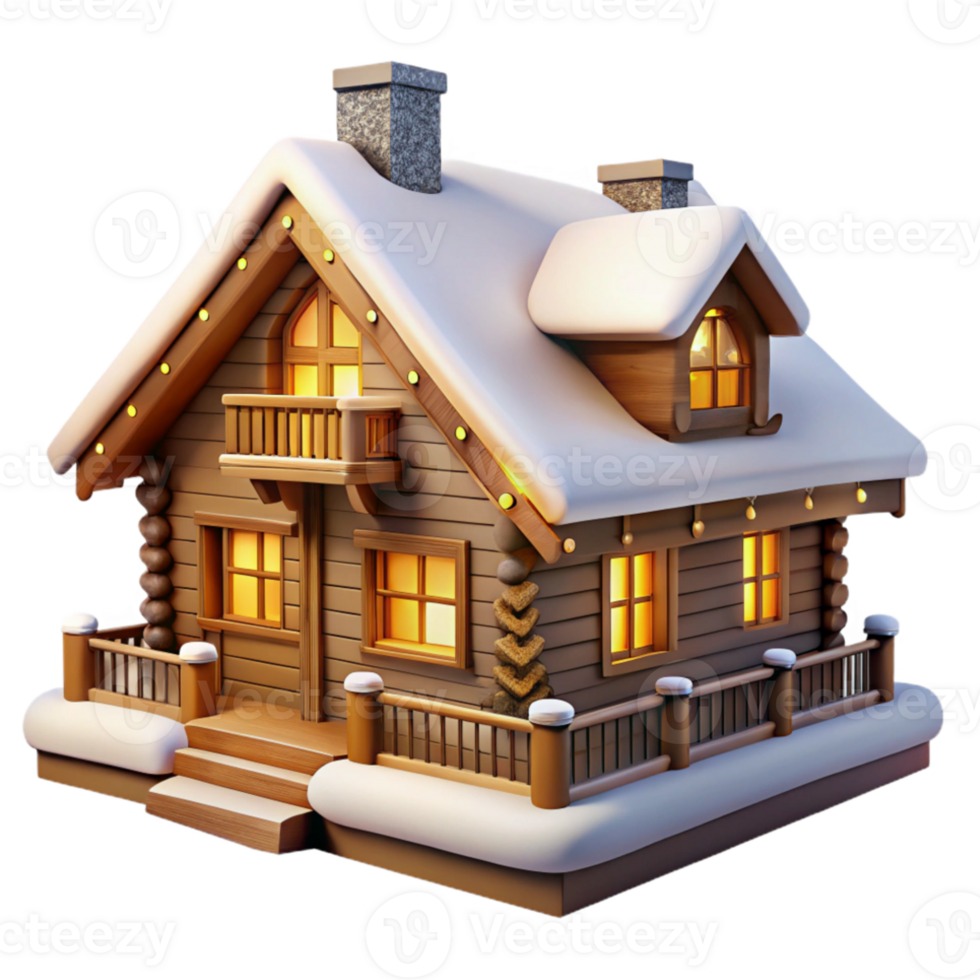 wonderful minimalist Swiss chalet, traditional wooden architecture, snow-covered landscape, warm interior lighting, cozy and inviting, authentic png