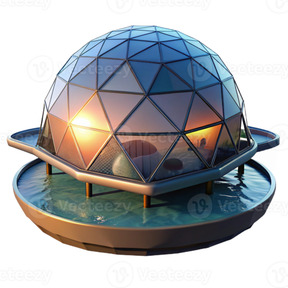 impressive classic Floating geodesic dome home, minimalist design, panoramic views of the ocean, sunset lighting, serene and futuristic, premium png