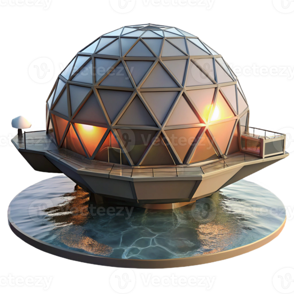 dramatic creative Floating geodesic dome home, minimalist design, panoramic views of the ocean, sunset lighting, serene and futuristic, detailed png