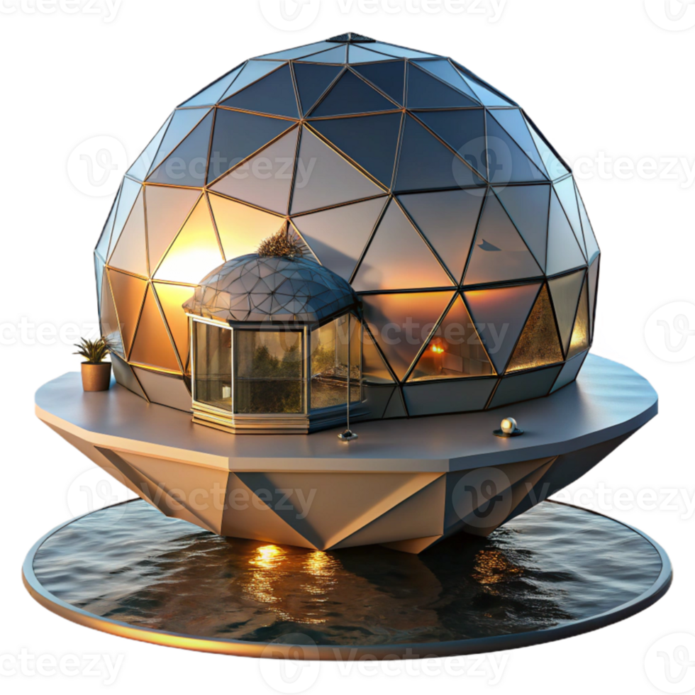 extraordinary abstract Floating geodesic dome home, minimalist design, panoramic views of the ocean, sunset lighting, serene and futuristic, 4K png