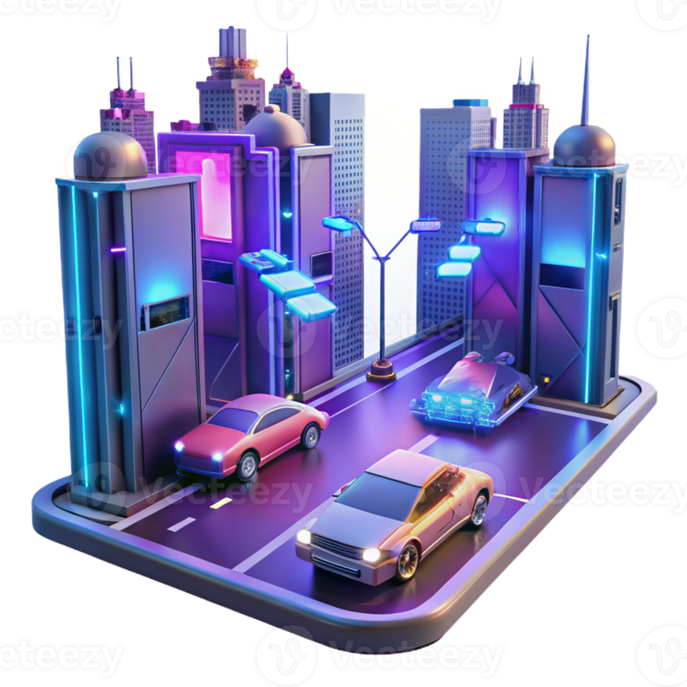 vibrant vintage A futuristic city street with flying cars and holographic advertisements, neon lighting, cyberpunk style exclusive png