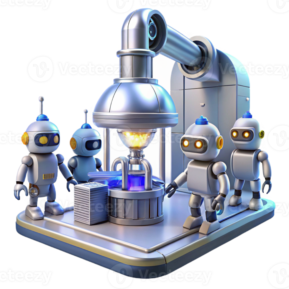 beautiful classic A group of robots working in a futuristic factory, industrial lighting, science fiction style genuine png