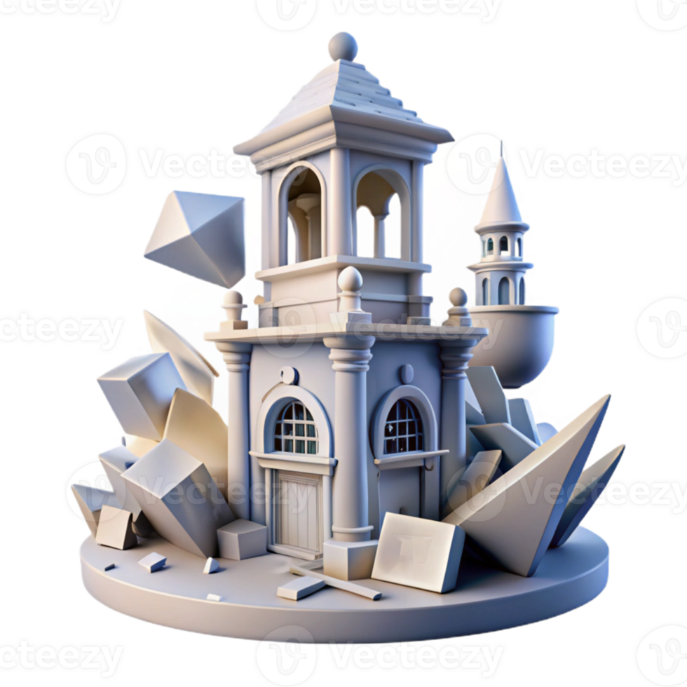 serene traditional Deconstructed clock tower, fragmented and distorted forms, surreal and dreamlike, soft lighting, authentic png