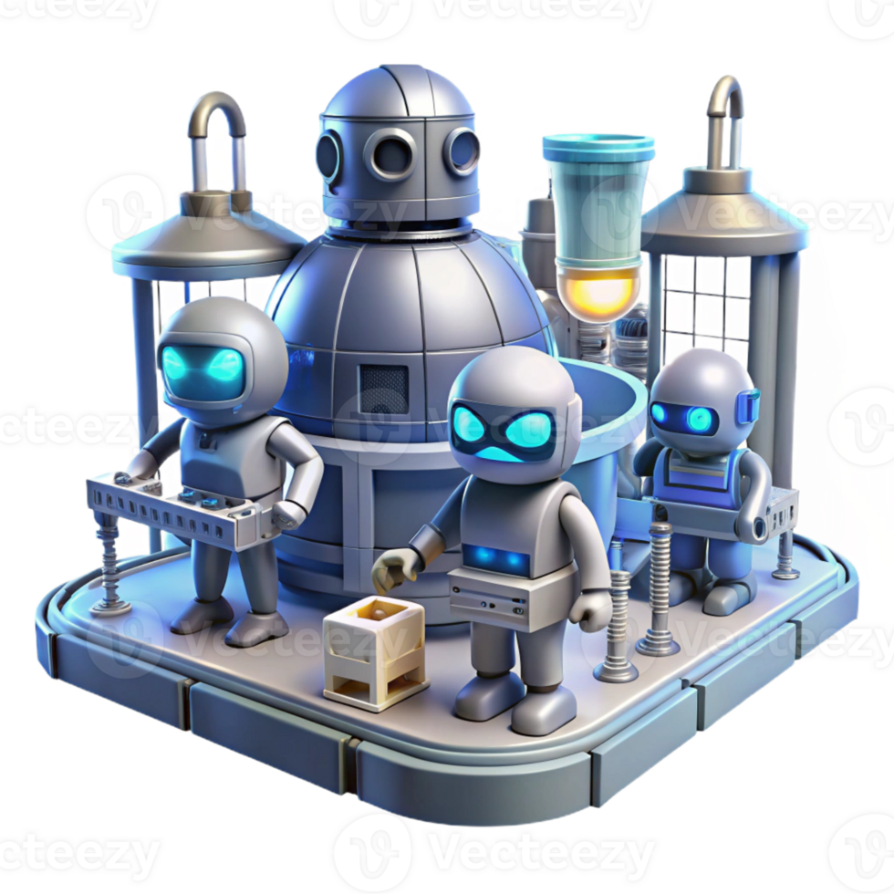 magnificent rustic A group of robots working in a futuristic factory, industrial lighting, science fiction style genuine png