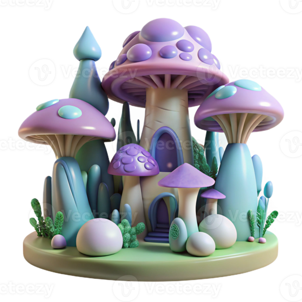 magnificent classic Organic architecture inspired by mushrooms, flowing forms, bioluminescent details, forest setting, magical and whimsical, authentic png