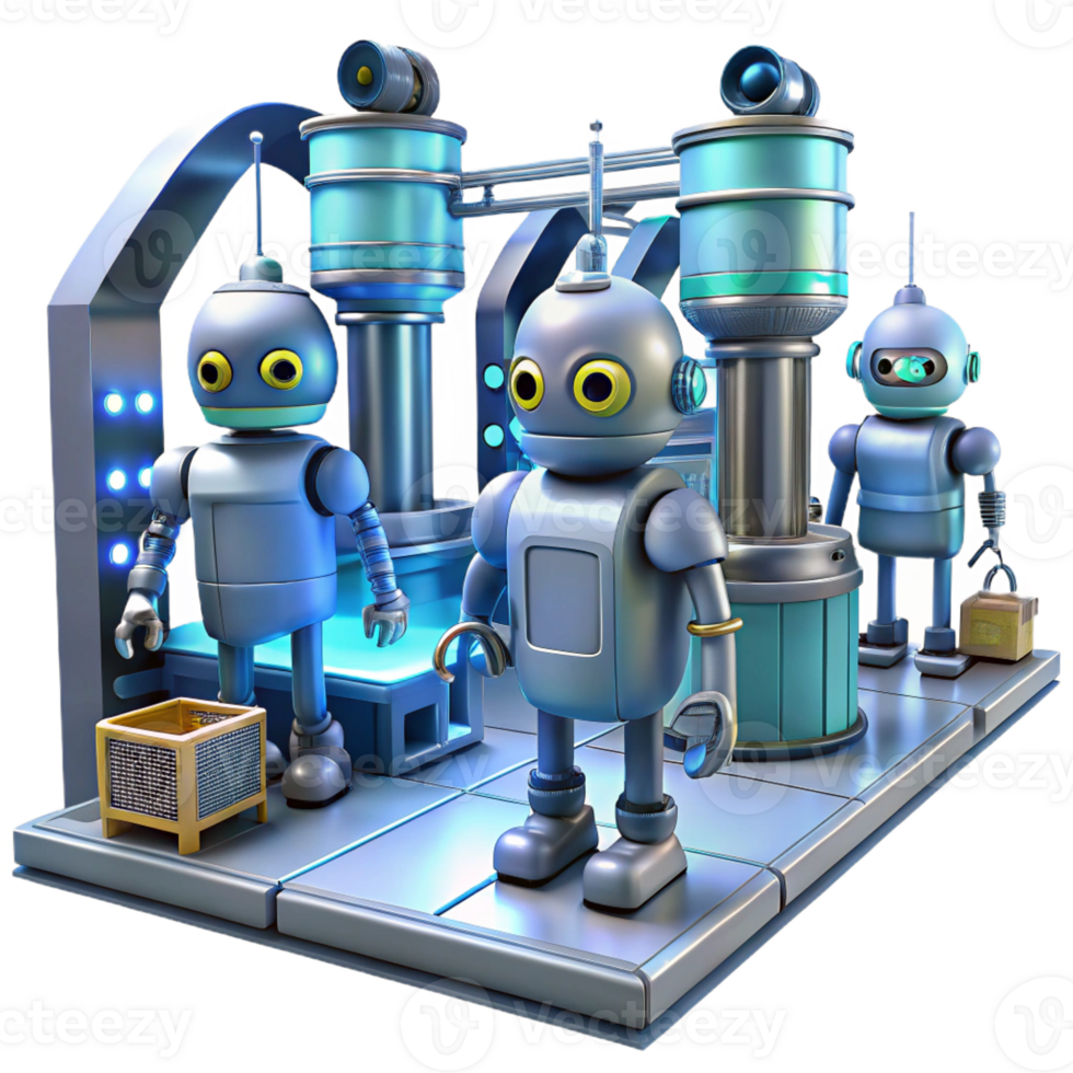 impressive rustic A group of robots working in a futuristic factory, industrial lighting, science fiction style professional png