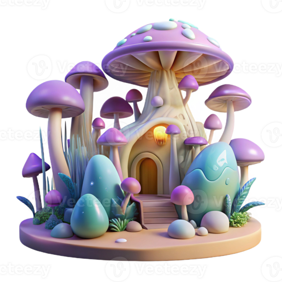 wonderful modern Organic architecture inspired by mushrooms, flowing forms, bioluminescent details, forest setting, magical and whimsical, 4K png