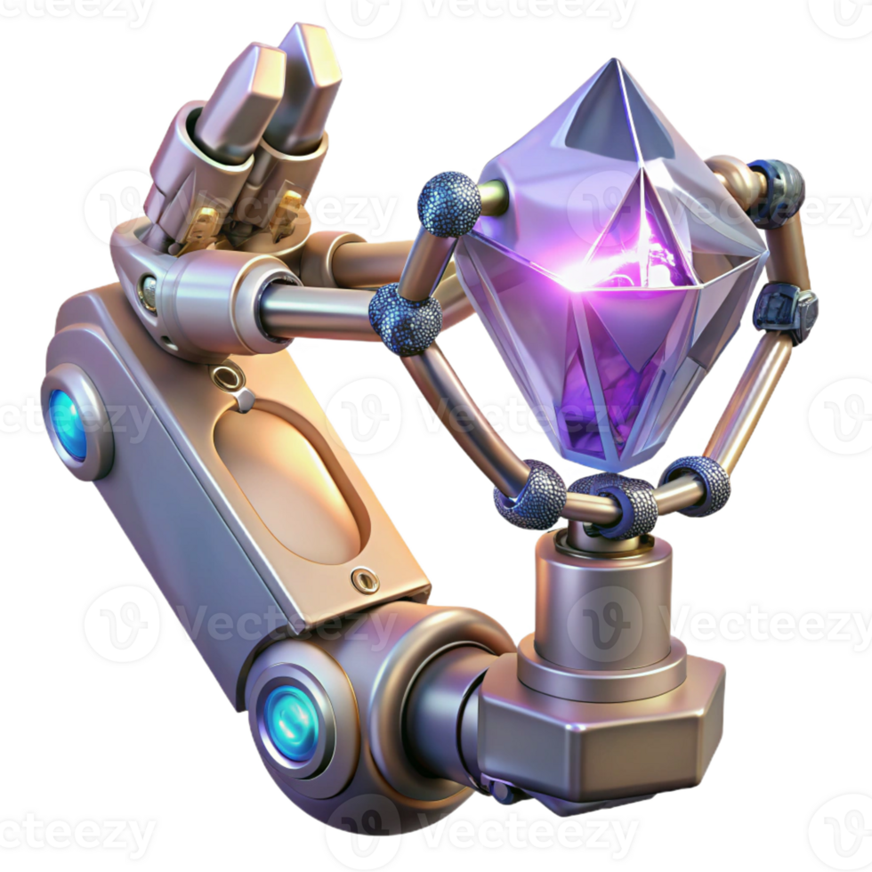 elegant contemporary A robotic arm holding a glowing crystal, intricate details, fantasy and technology fusion style authentic png