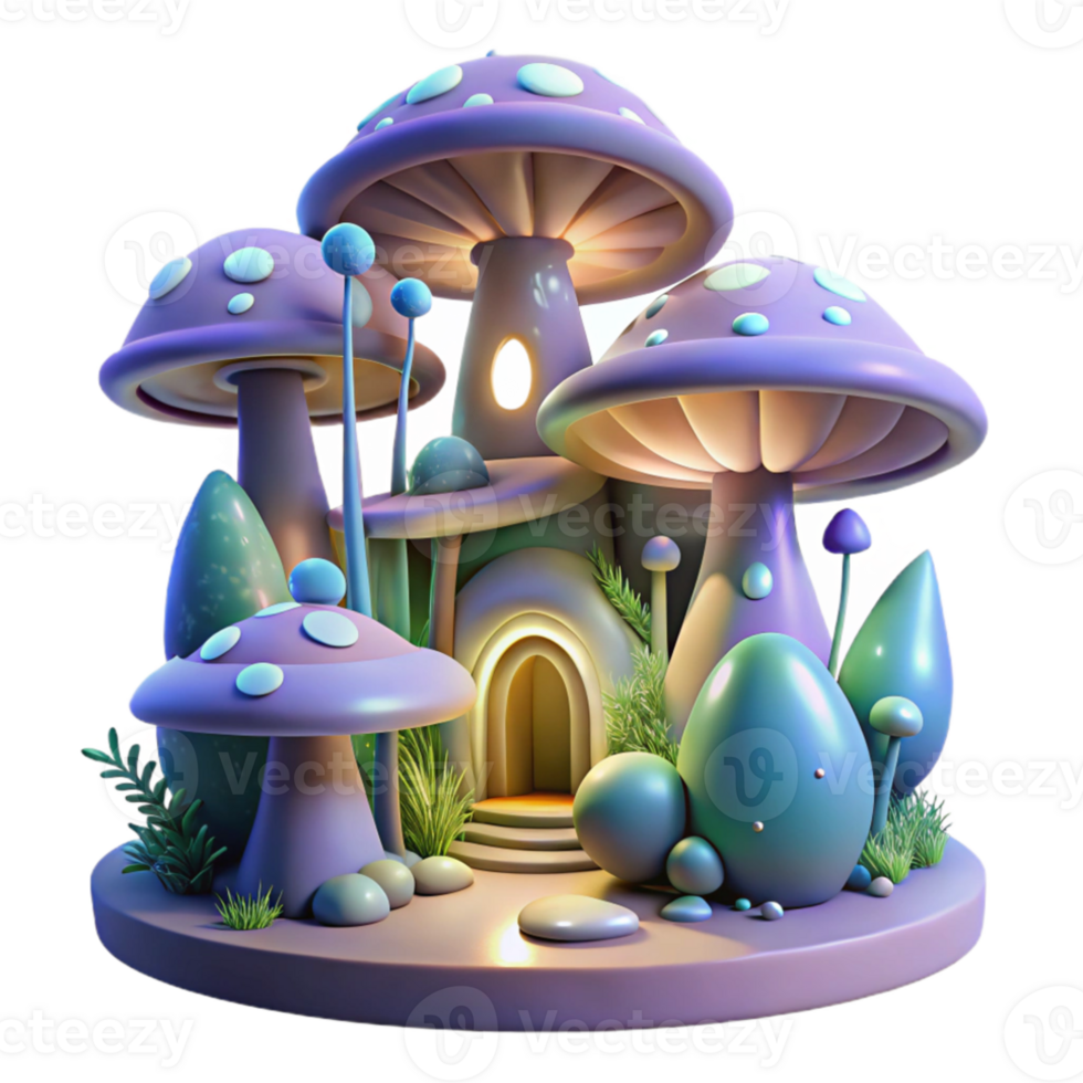 impressive modern Organic architecture inspired by mushrooms, flowing forms, bioluminescent details, forest setting, magical and whimsical, genuine png
