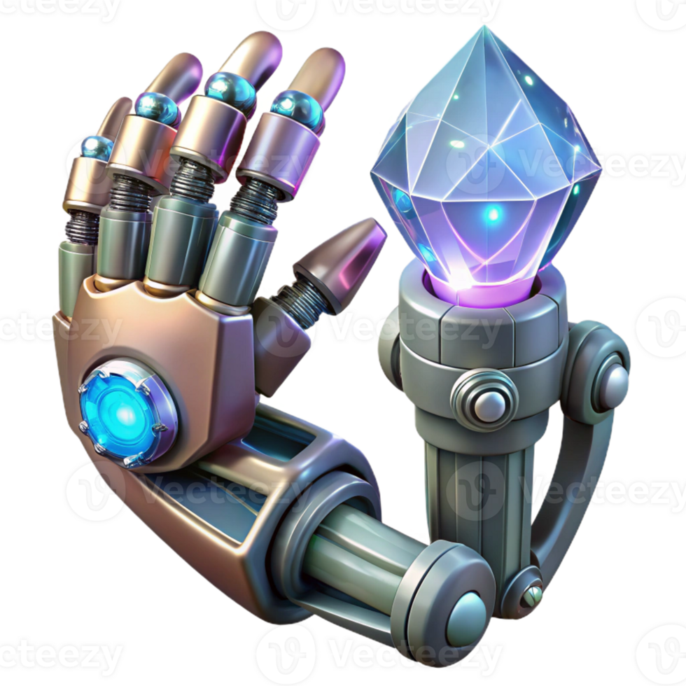 extraordinary vintage A robotic arm holding a glowing crystal, intricate details, fantasy and technology fusion style high resolution png