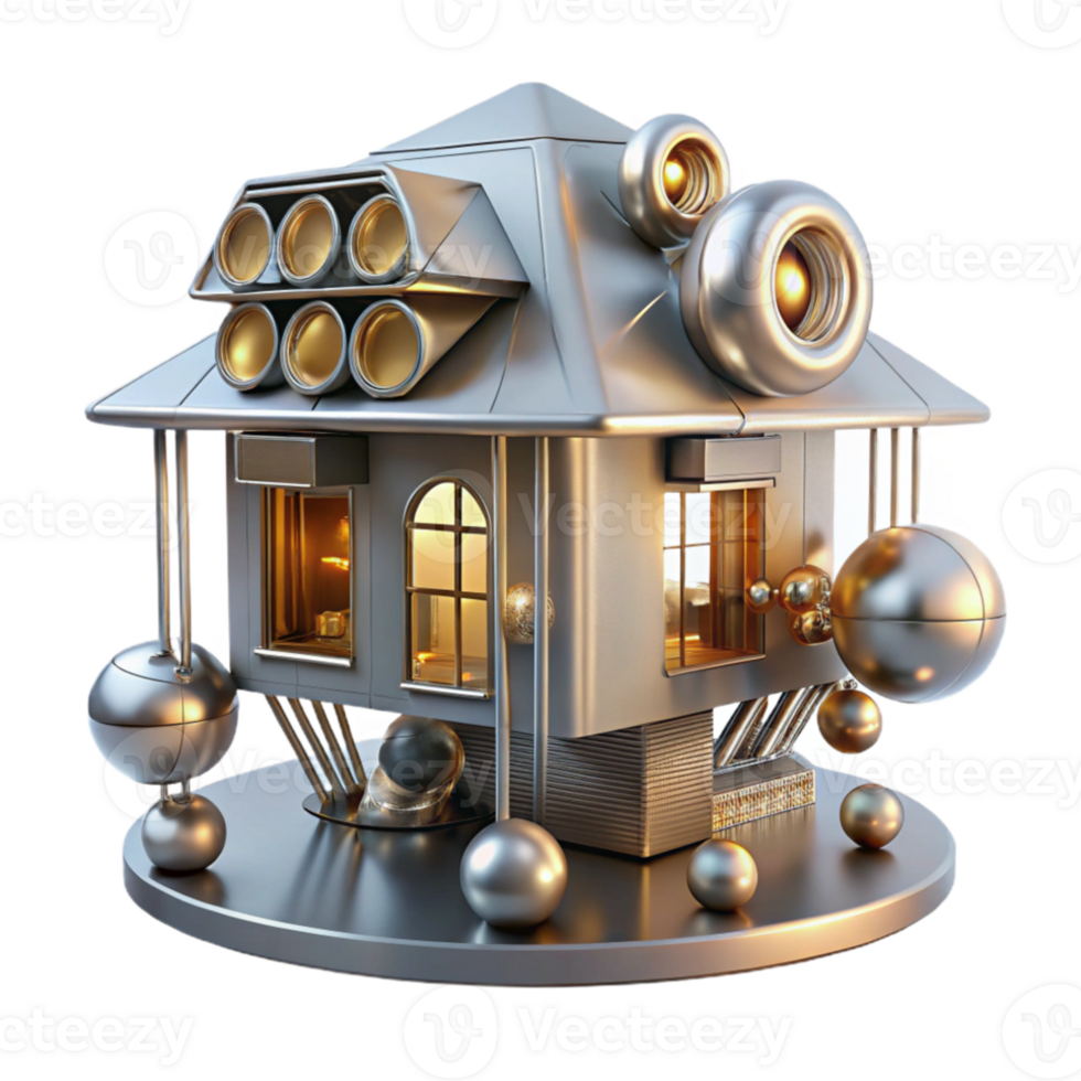 beautiful artistic Kinetic sculpture that transforms into a dwelling, intricate moving parts, metallic materials, dynamic lighting, futuristic and innovative, detailed png