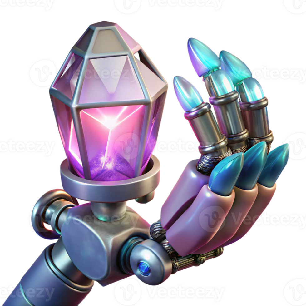 dramatic abstract A robotic arm holding a glowing crystal, intricate details, fantasy and technology fusion style 4K png
