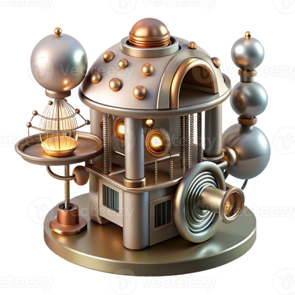 dramatic rustic Kinetic sculpture that transforms into a dwelling, intricate moving parts, metallic materials, dynamic lighting, futuristic and innovative, exclusive png