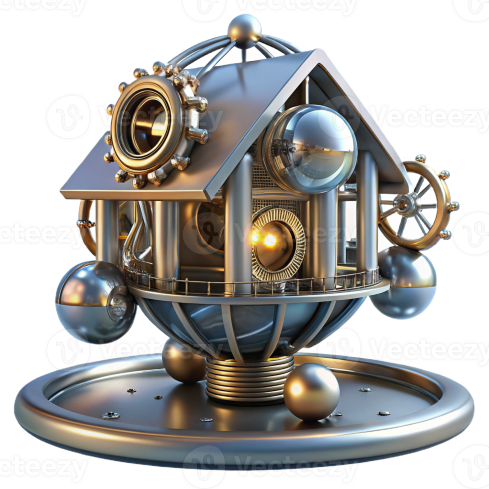 wonderful artistic Kinetic sculpture that transforms into a dwelling, intricate moving parts, metallic materials, dynamic lighting, futuristic and innovative, detailed png