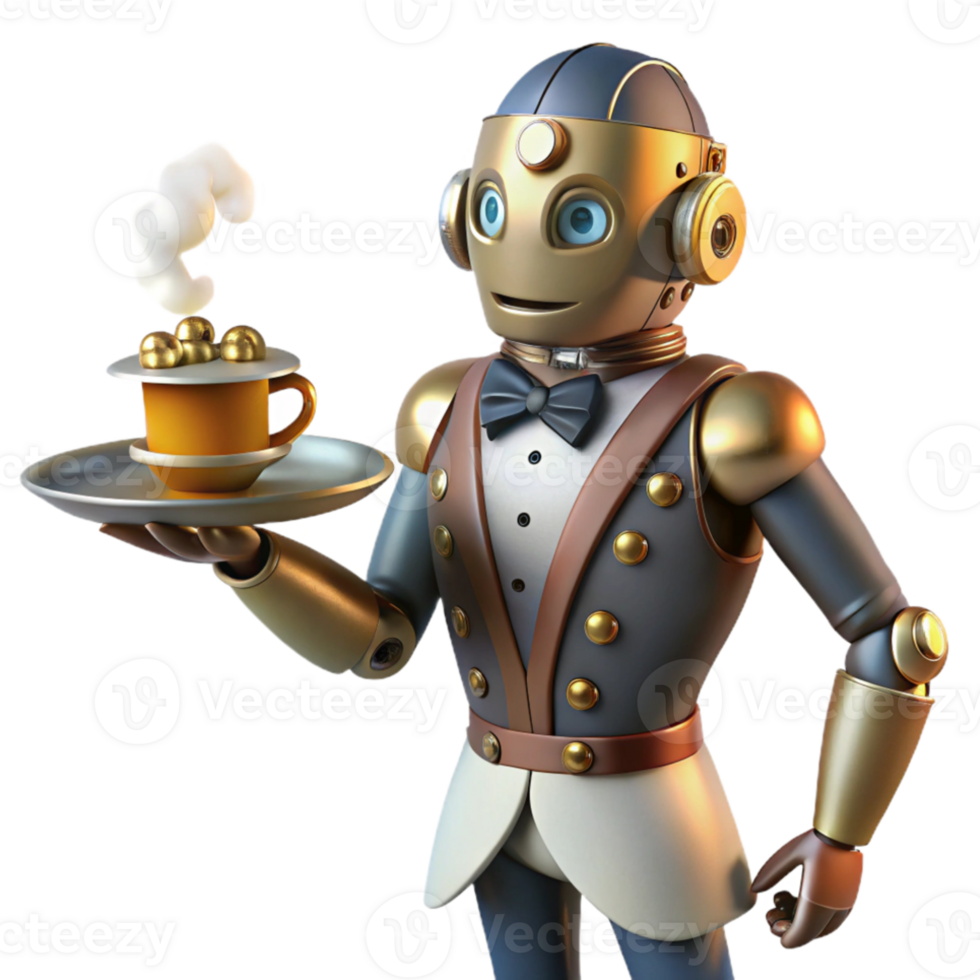 dramatic vintage A steampunk robot butler, holding a silver tray with a steaming cup of tea, intricate gears and pipes visible on its body, warm, inviting lighting authentic png