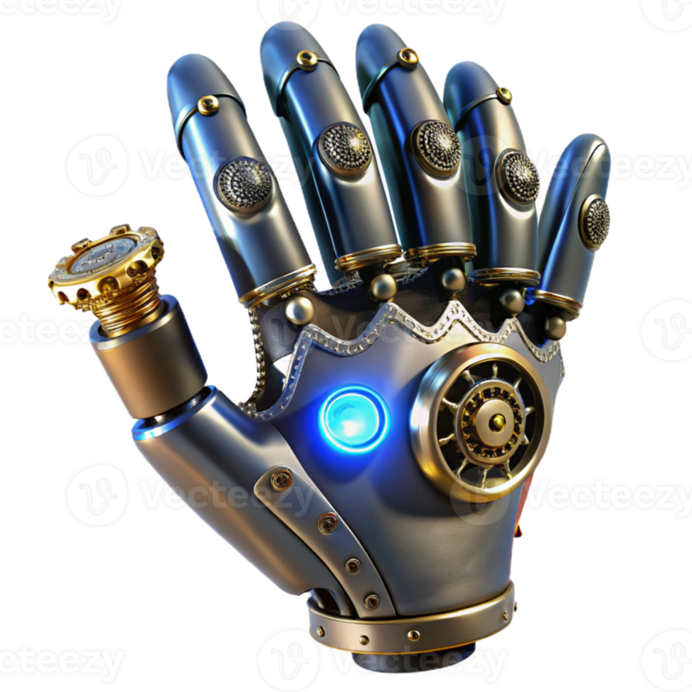 wonderful traditional A close-up of a steampunk prosthetic hand, crafted from polished steel and brass, intricate gears and springs visible, illuminated by a cool blue light high quality png