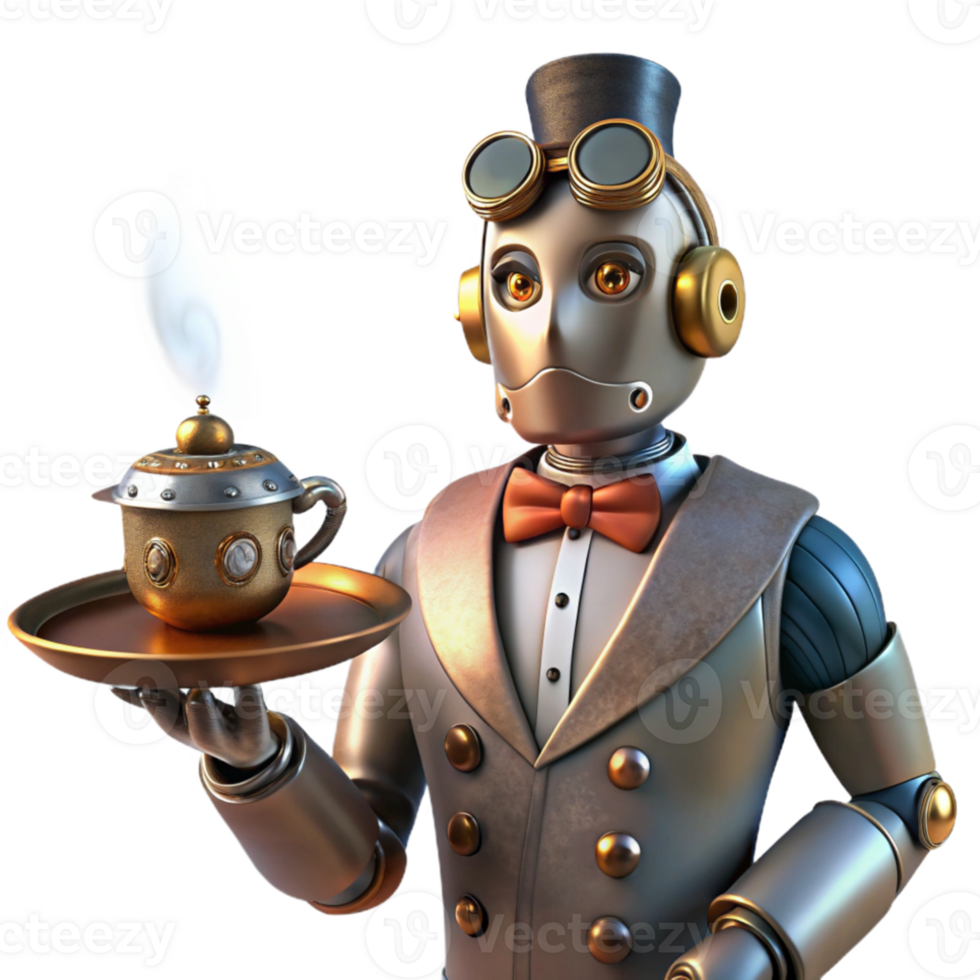 magnificent contemporary A steampunk robot butler, holding a silver tray with a steaming cup of tea, intricate gears and pipes visible on its body, warm, inviting lighting high quality png