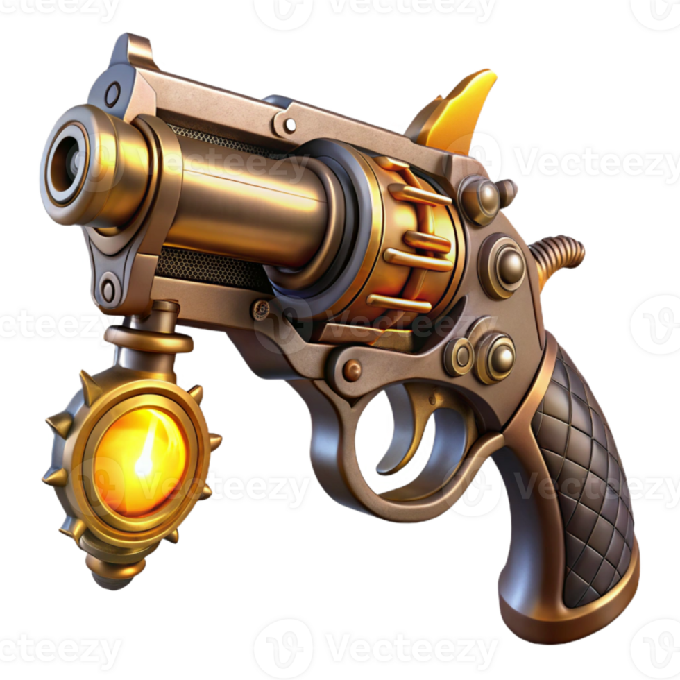 vibrant classic A detailed illustration of a steampunk pistol, ornate engravings and intricate gears, gleaming in the light of a flickering gas lamp high resolution png