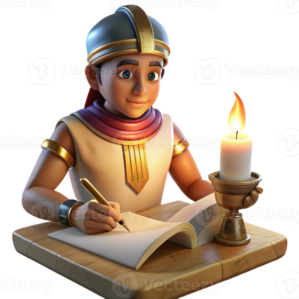 elegant modern An Egyptian scribe meticulously painting hieroglyphs onto a papyrus scroll, illuminated by the soft flickering light of an oil lamp, in the style of ancient Egyptian art professional png