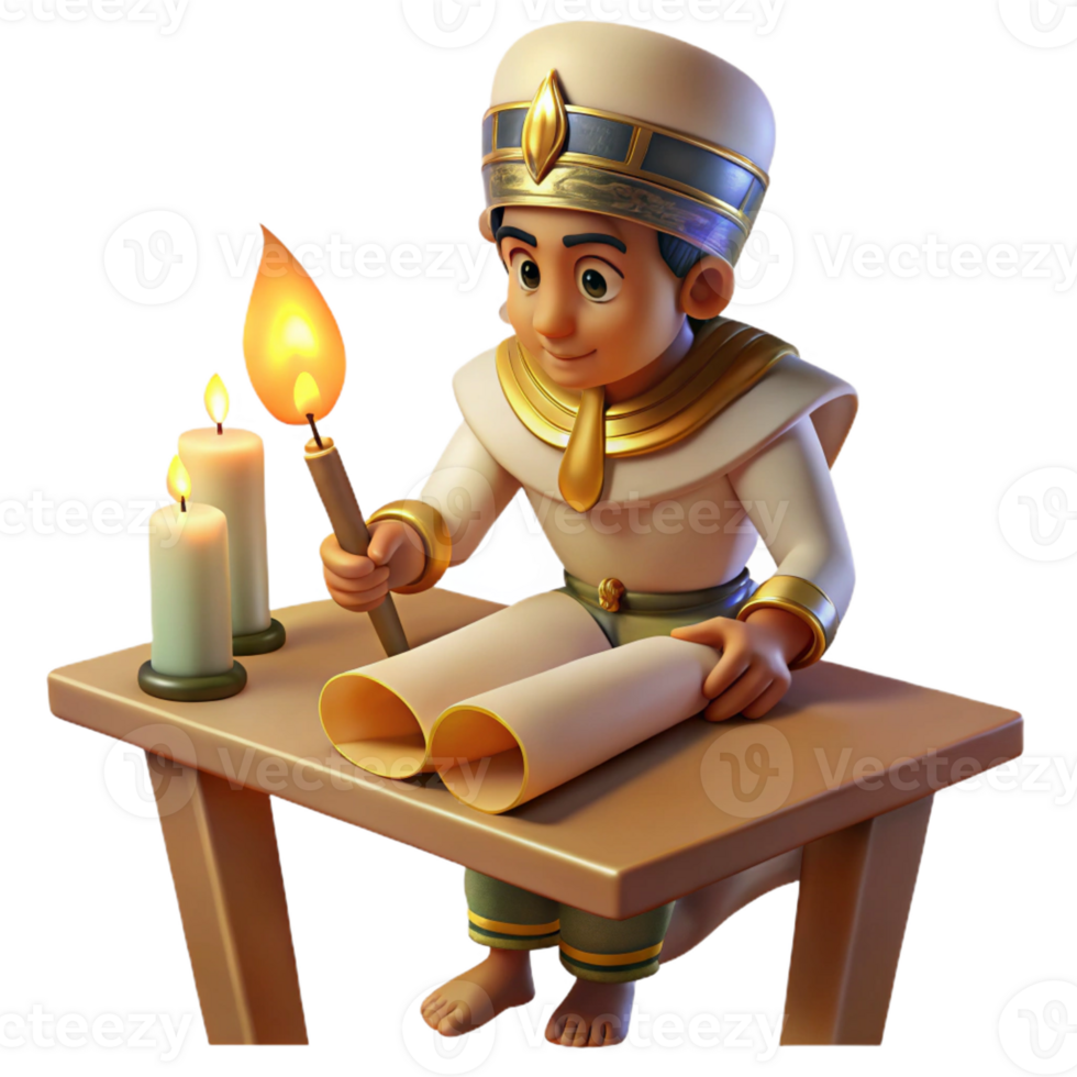 dramatic classic An Egyptian scribe meticulously painting hieroglyphs onto a papyrus scroll, illuminated by the soft flickering light of an oil lamp, in the style of ancient Egyptian art authentic png