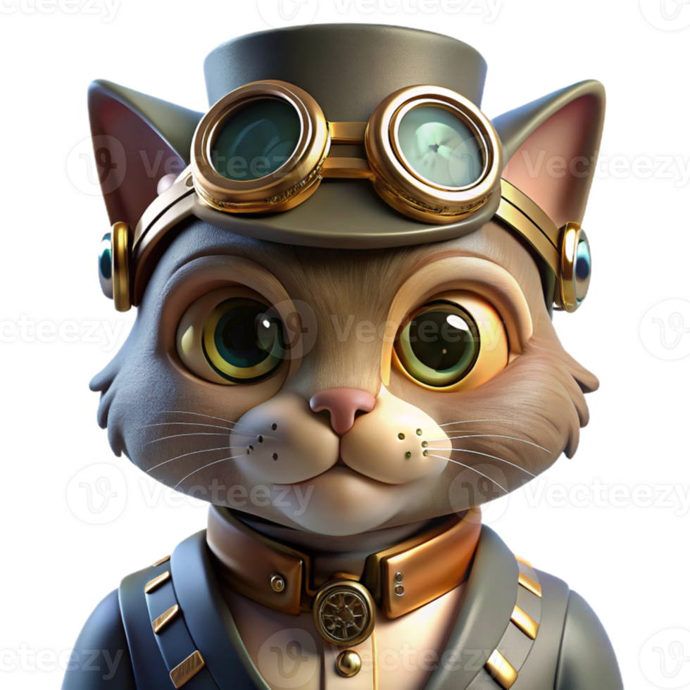 extraordinary abstract A portrait of a steampunk cat wearing goggles and a tiny top hat, intricate gears and pipes adorning its collar, soft, diffused lighting high quality png