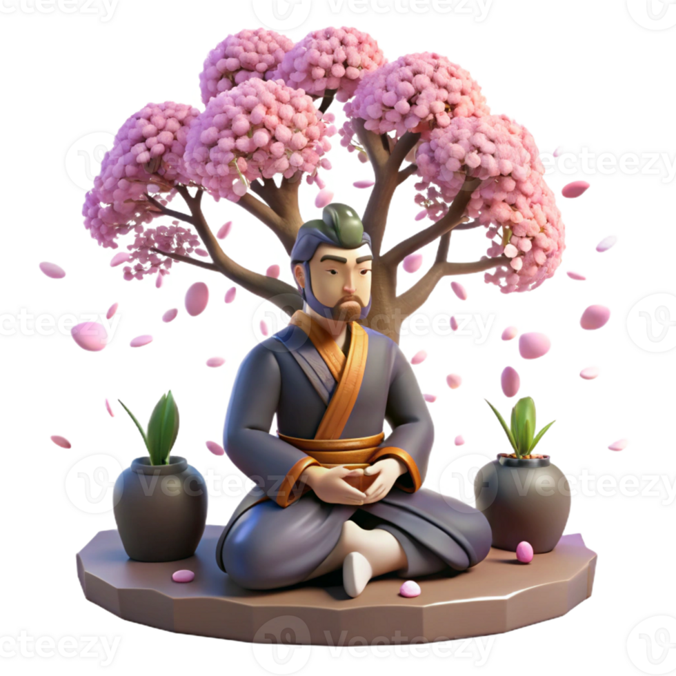 magnificent vintage A samurai warrior meditating under a cherry blossom tree, petals falling gently around him, lit by soft moonlight, in the style of a Japanese woodblock print authentic png