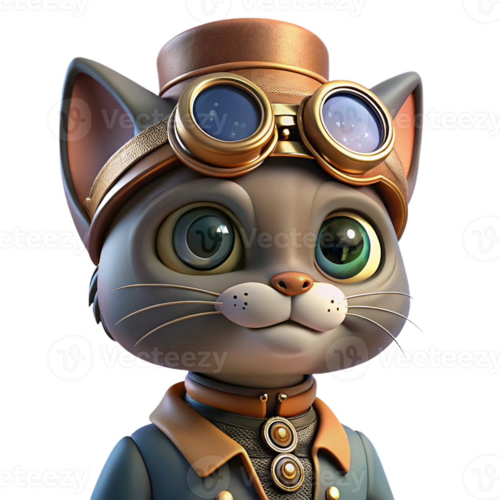 dramatic abstract A portrait of a steampunk cat wearing goggles and a tiny top hat, intricate gears and pipes adorning its collar, soft, diffused lighting exclusive png