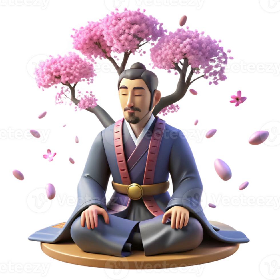 impressive vintage A samurai warrior meditating under a cherry blossom tree, petals falling gently around him, lit by soft moonlight, in the style of a Japanese woodblock print detailed png