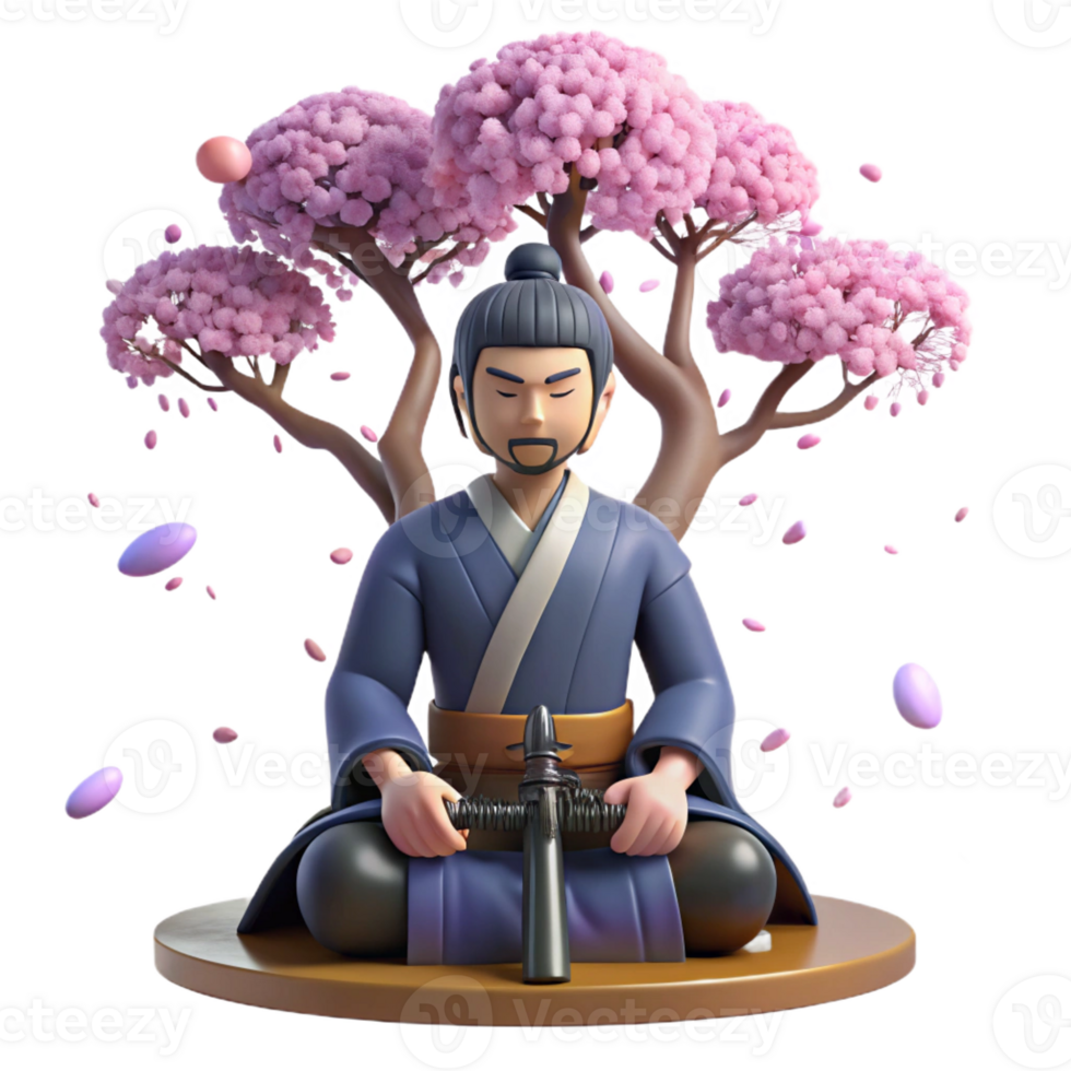 elegant vintage A samurai warrior meditating under a cherry blossom tree, petals falling gently around him, lit by soft moonlight, in the style of a Japanese woodblock print authentic png