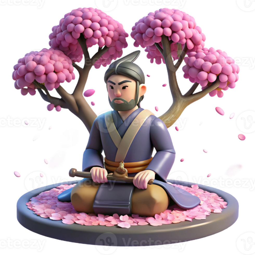 extraordinary vintage A samurai warrior meditating under a cherry blossom tree, petals falling gently around him, lit by soft moonlight, in the style of a Japanese woodblock print detailed png