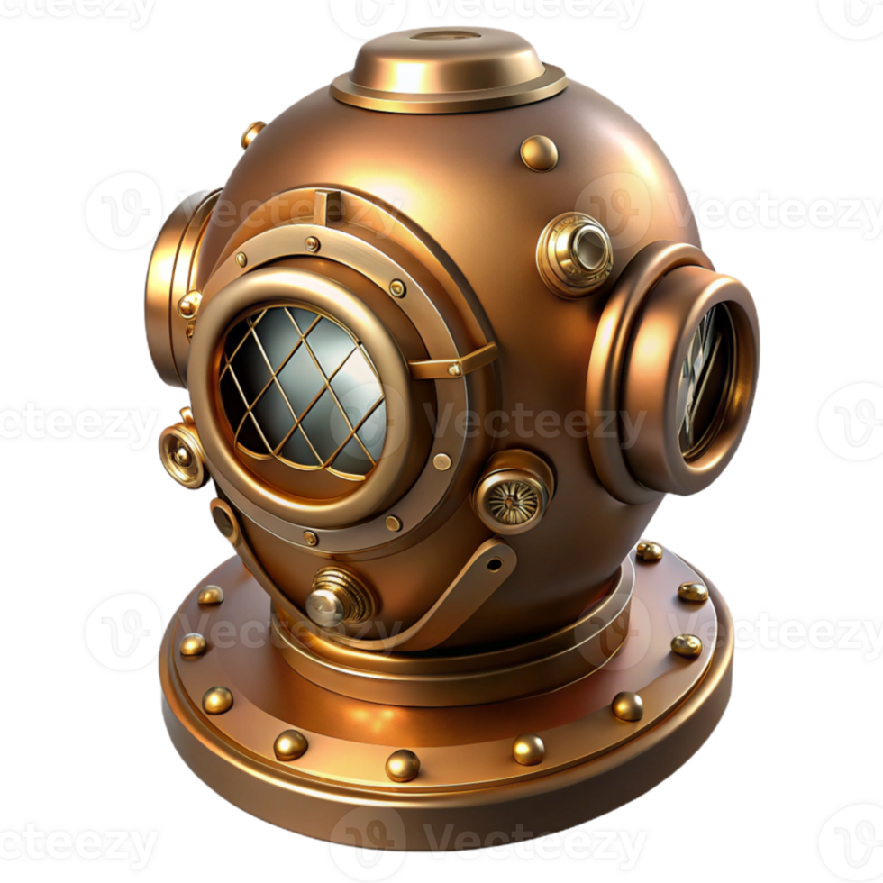 extraordinary minimalist A steampunk diving helmet, brass and copper, illuminated by an underwater spotlight, intricate pressure gauges and valves visible exclusive png