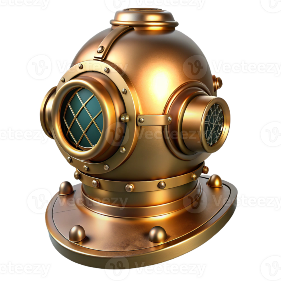 wonderful vintage A steampunk diving helmet, brass and copper, illuminated by an underwater spotlight, intricate pressure gauges and valves visible premium png
