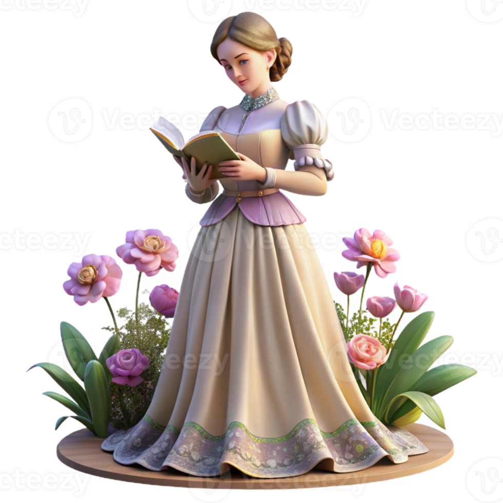 extraordinary artistic A Victorian lady in a flowing gown, reading a book in a lush garden, surrounded by blooming flowers, lit by dappled sunlight, in the style of a Pre-Raphaelite painting premium png