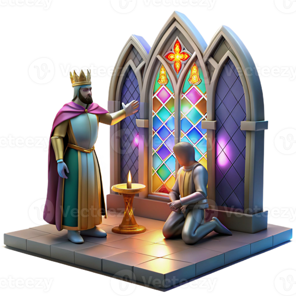 dramatic rustic A medieval knight kneeling before a king in a grand castle hall, stained glass windows casting colorful light across the scene, in the style of a medieval tapestry professional png