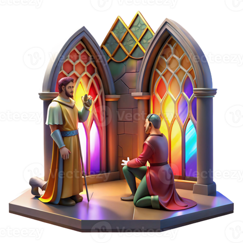 wonderful vintage A medieval knight kneeling before a king in a grand castle hall, stained glass windows casting colorful light across the scene, in the style of a medieval tapestry authentic png