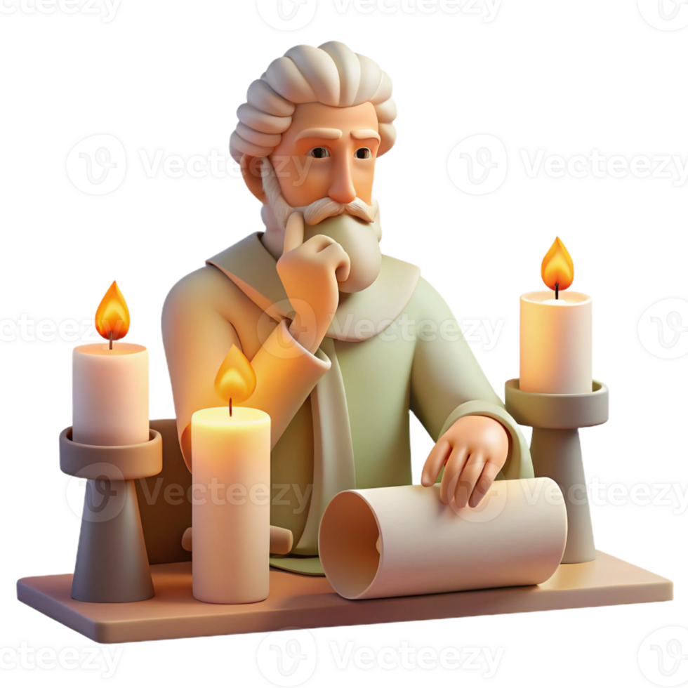 vibrant modern An ancient Greek philosopher deep in thought, surrounded by scrolls and parchments, lit by the soft glow of a candle, in the style of a classical Greek sculpture 4K png