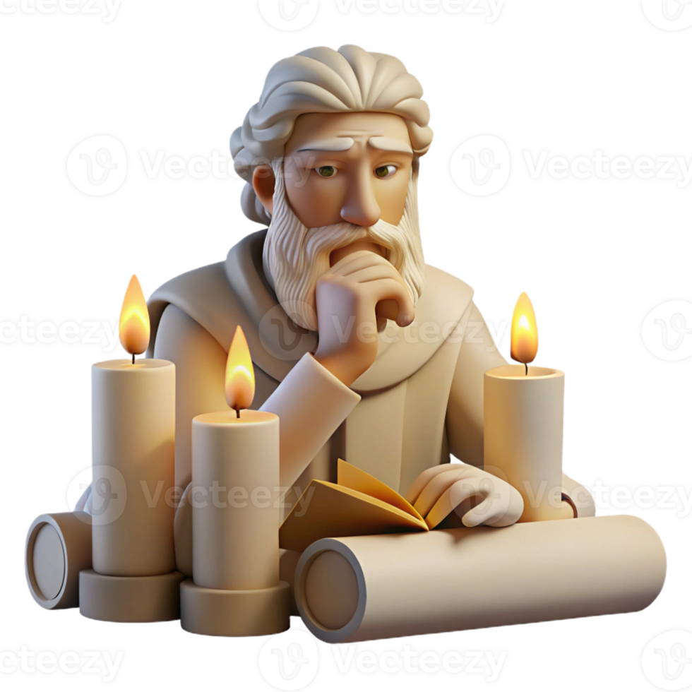 serene creative An ancient Greek philosopher deep in thought, surrounded by scrolls and parchments, lit by the soft glow of a candle, in the style of a classical Greek sculpture high resolution png