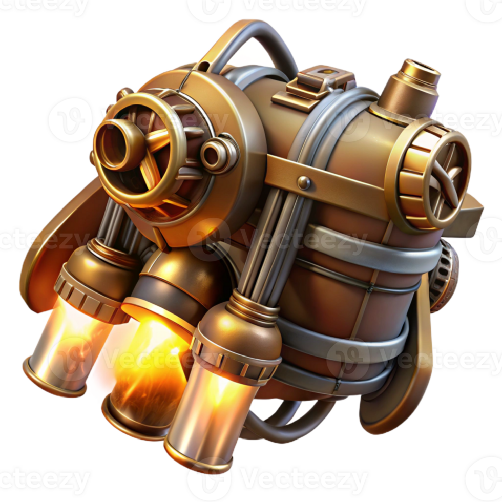 serene artistic A steampunk jetpack with intricate brass pipes and turbines, emitting a jet of steam, illuminated by the glow of the ignited fuel original png
