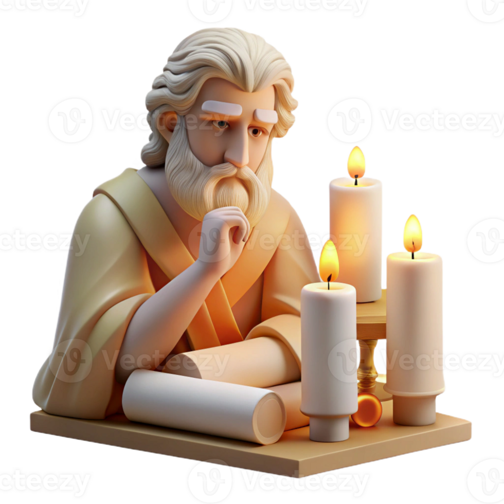extraordinary modern An ancient Greek philosopher deep in thought, surrounded by scrolls and parchments, lit by the soft glow of a candle, in the style of a classical Greek sculpture authentic png