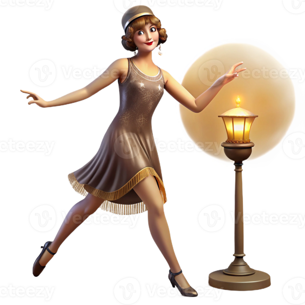 stunning contemporary A young woman in flapper attire dancing the Charleston in a smoky speakeasy, lit by the dim glow of a single lamp, in the style of an Art Deco poster exclusive png