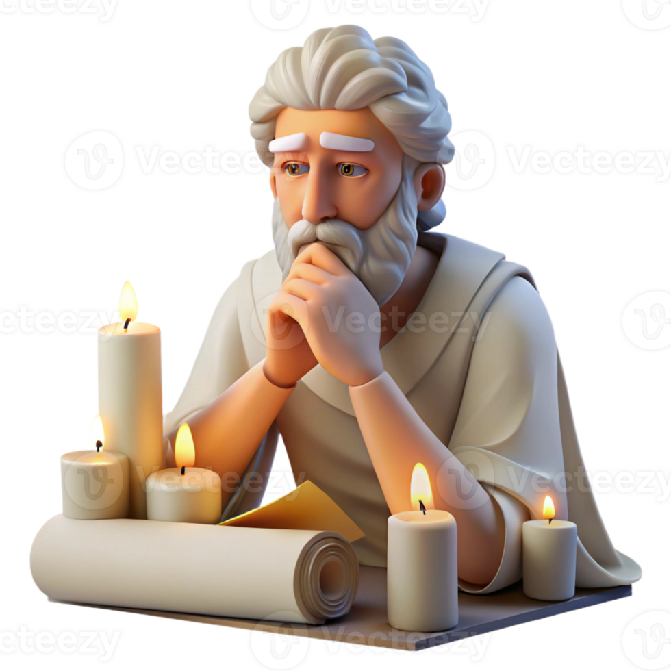 extraordinary artistic An ancient Greek philosopher deep in thought, surrounded by scrolls and parchments, lit by the soft glow of a candle, in the style of a classical Greek sculpture authentic png