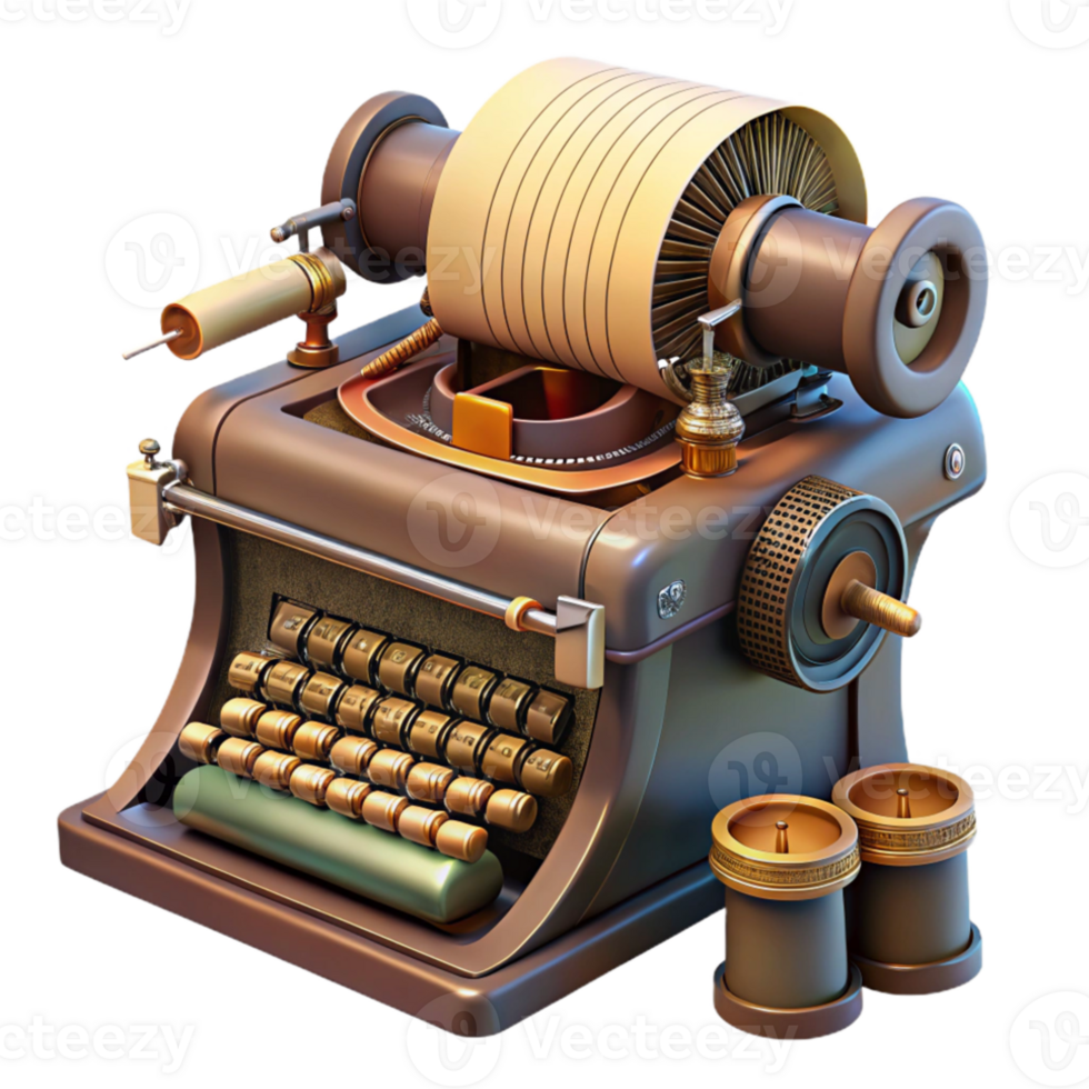 vibrant creative A steampunk typewriter, with intricate keys and levers, typing a message on a roll of parchment, bathed in the warm light of a desk lamp original png
