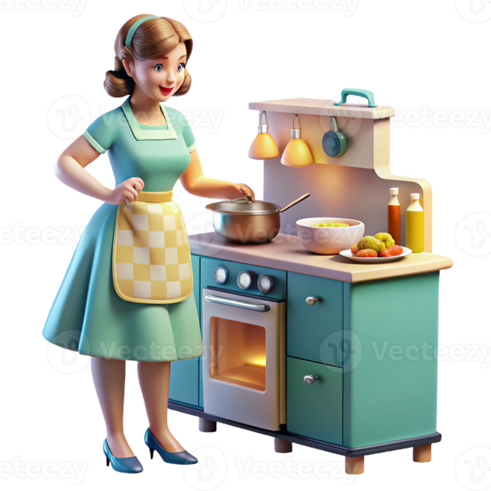 elegant classic A 1950s housewife preparing dinner in a brightly colored kitchen, appliances gleaming, lit by warm overhead lighting, in the style of a Norman Rockwell painting 4K png