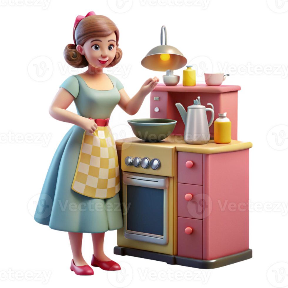 impressive classic A 1950s housewife preparing dinner in a brightly colored kitchen, appliances gleaming, lit by warm overhead lighting, in the style of a Norman Rockwell painting genuine png