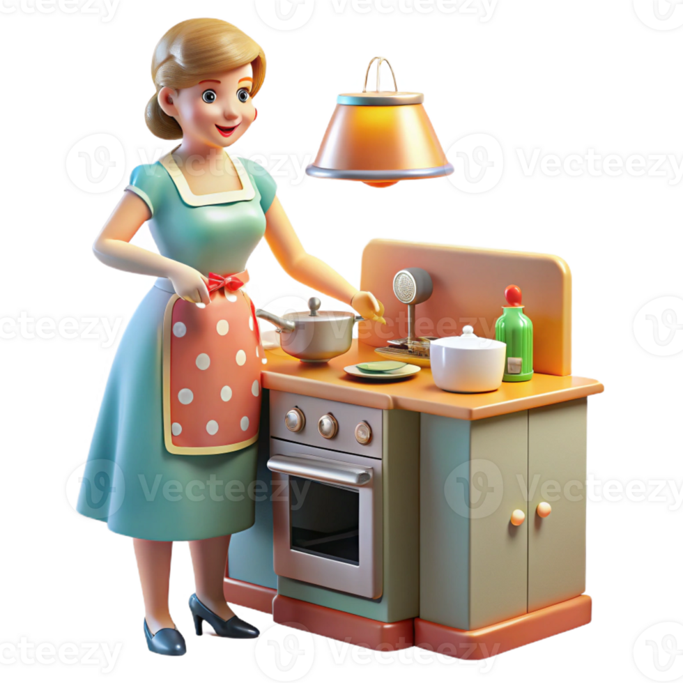 dramatic modern A 1950s housewife preparing dinner in a brightly colored kitchen, appliances gleaming, lit by warm overhead lighting, in the style of a Norman Rockwell painting 4K png