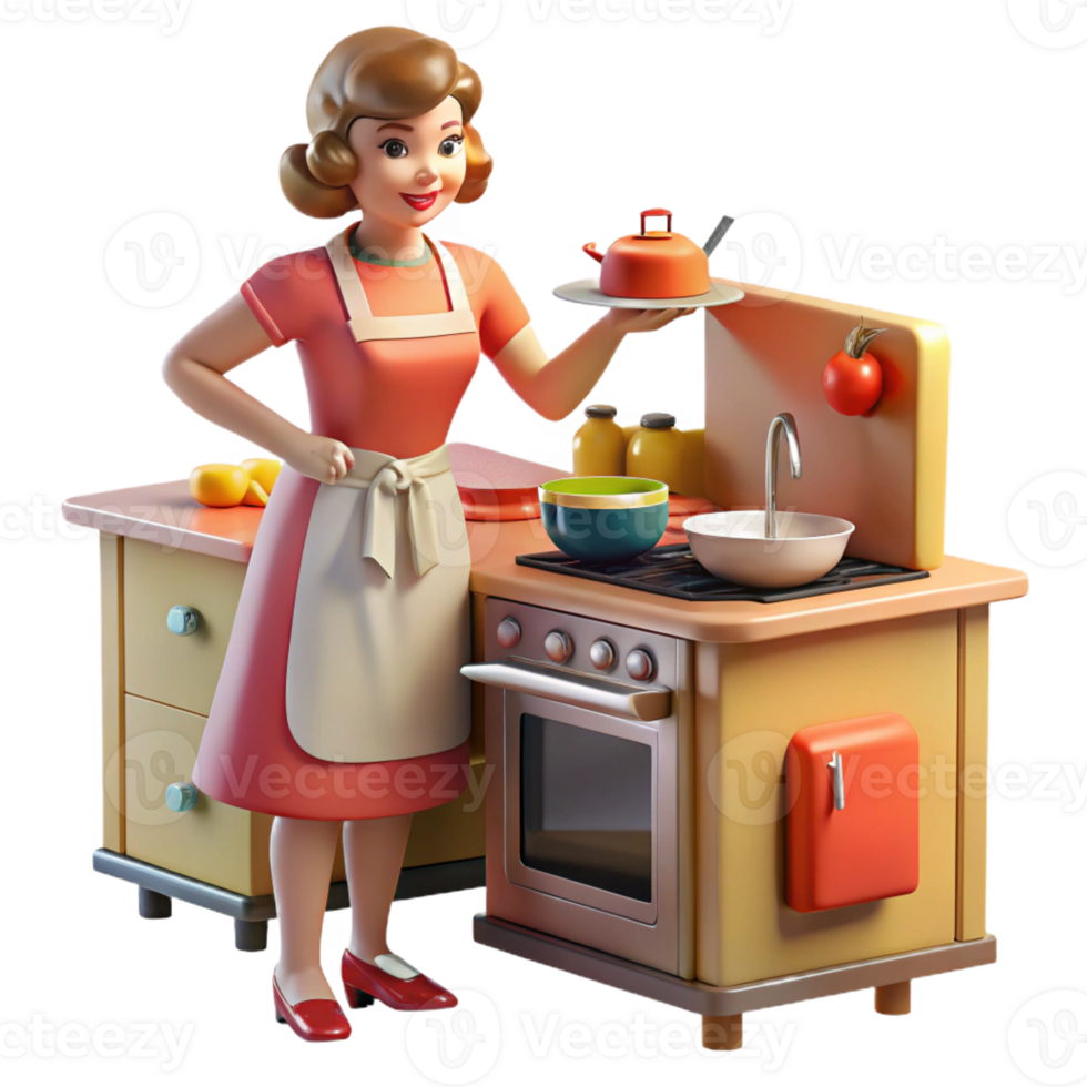magnificent contemporary A 1950s housewife preparing dinner in a brightly colored kitchen, appliances gleaming, lit by warm overhead lighting, in the style of a Norman Rockwell painting professional png