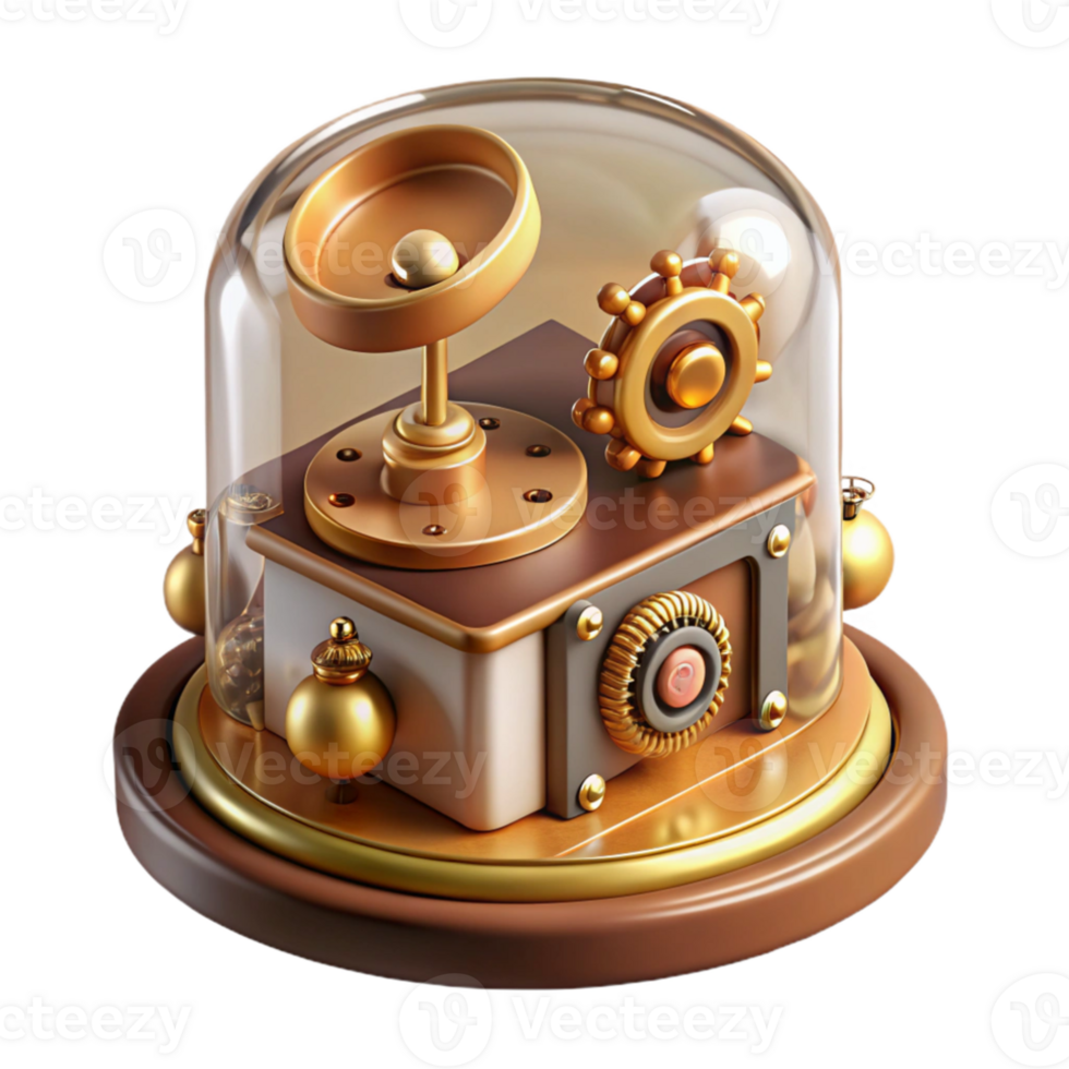 beautiful modern A steampunk music box, playing a melancholic melody, intricate gears and levers visible through a glass panel, soft, warm lighting high resolution png