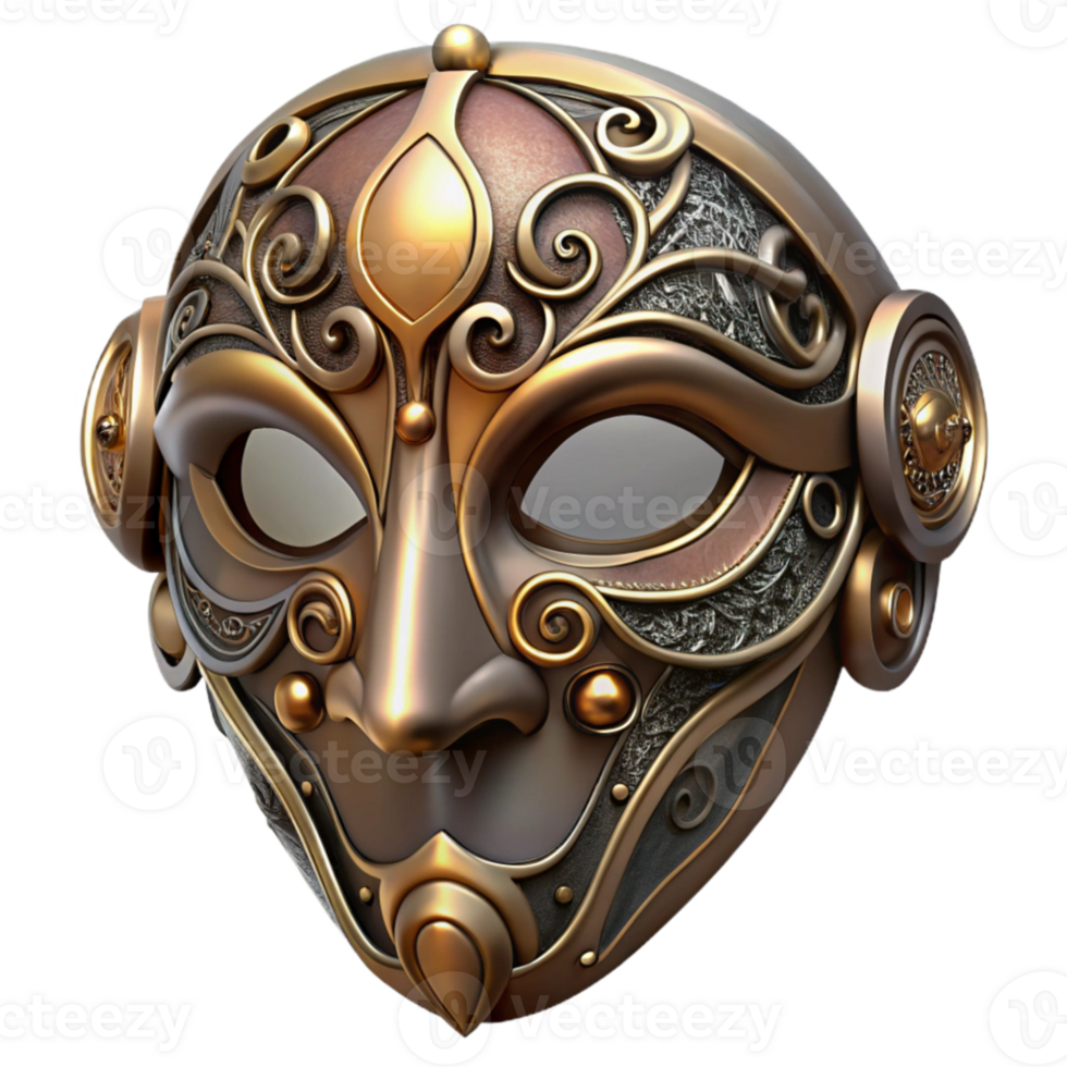 extraordinary creative A steampunk mask, crafted from polished brass and adorned with intricate filigree, concealing the wearer's identity, dramatic chiaroscuro lighting premium png
