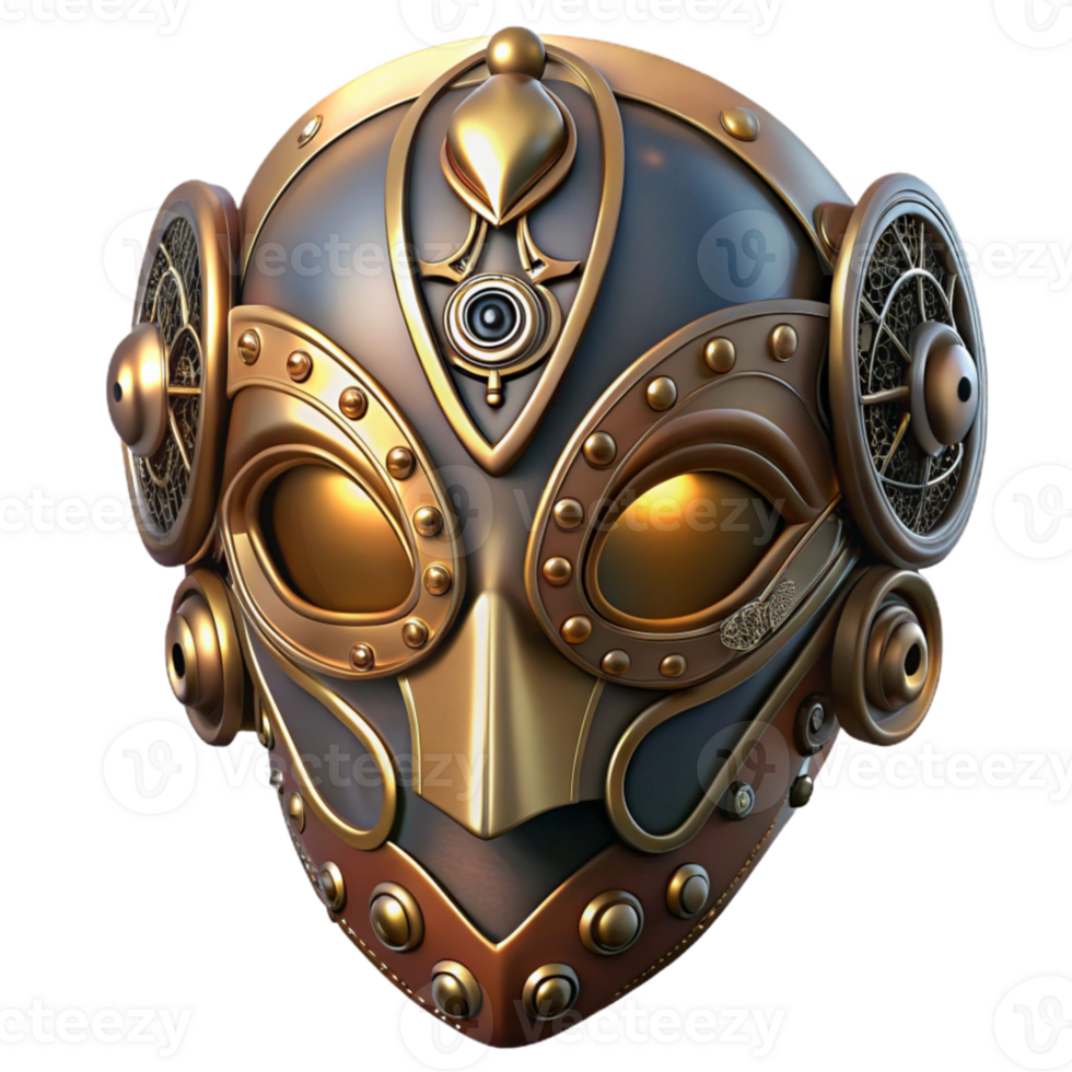 elegant classic A steampunk mask, crafted from polished brass and adorned with intricate filigree, concealing the wearer's identity, dramatic chiaroscuro lighting high quality png